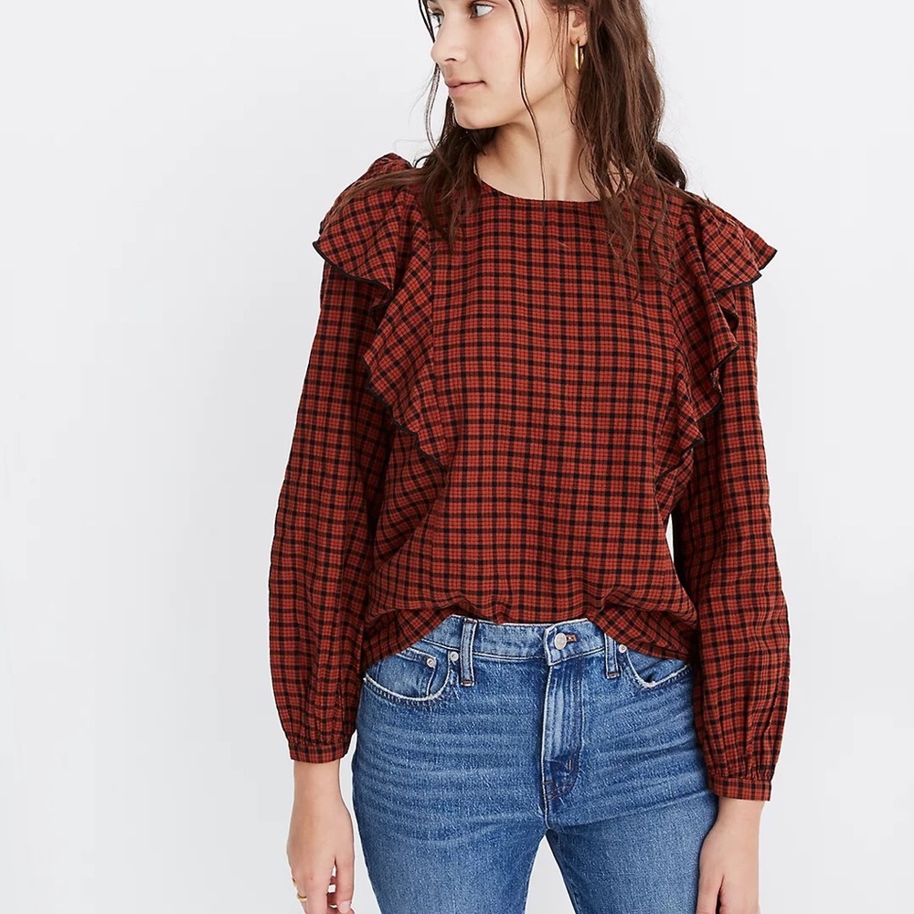Madewell Ruffle Front plaid top